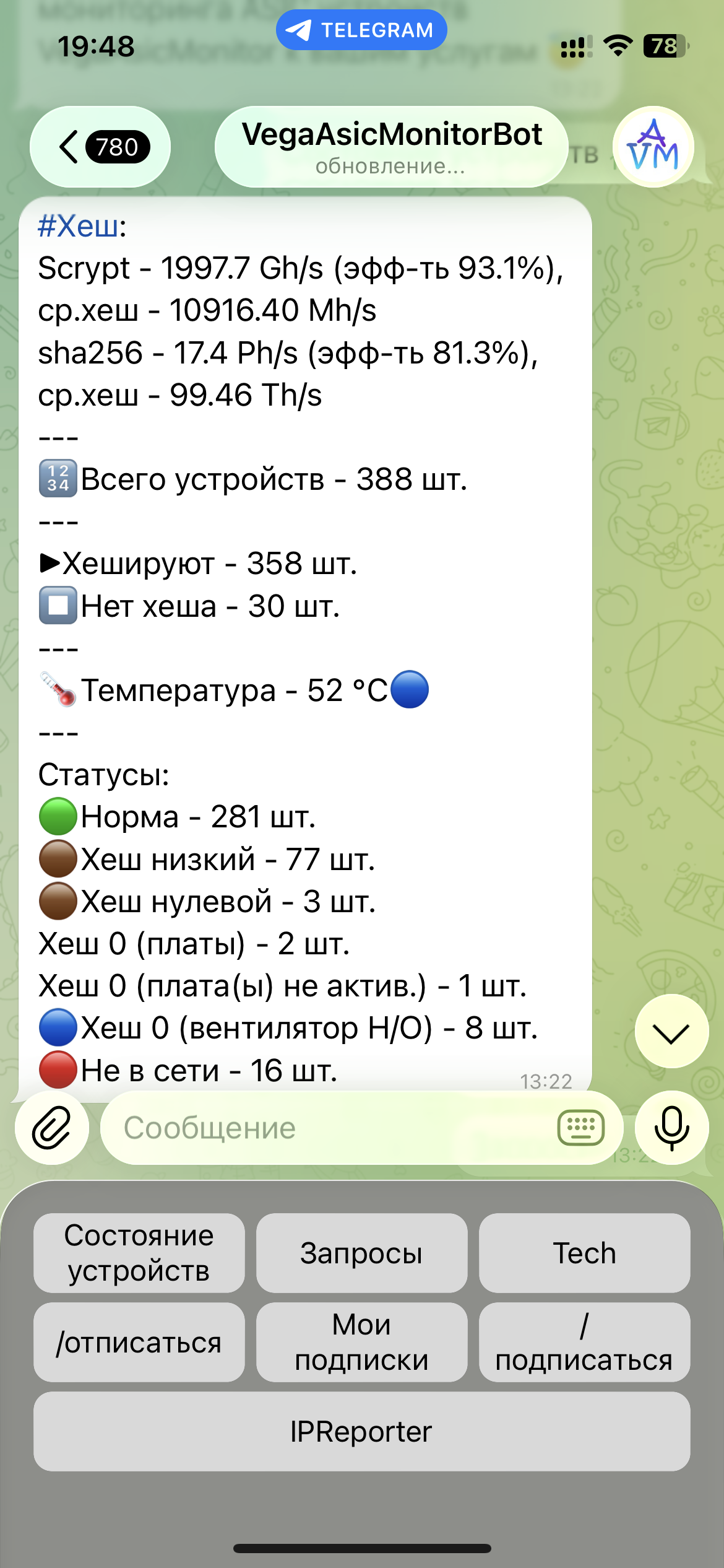 Пример Telegram-бота: сводка по устройствам и кнопки подписок